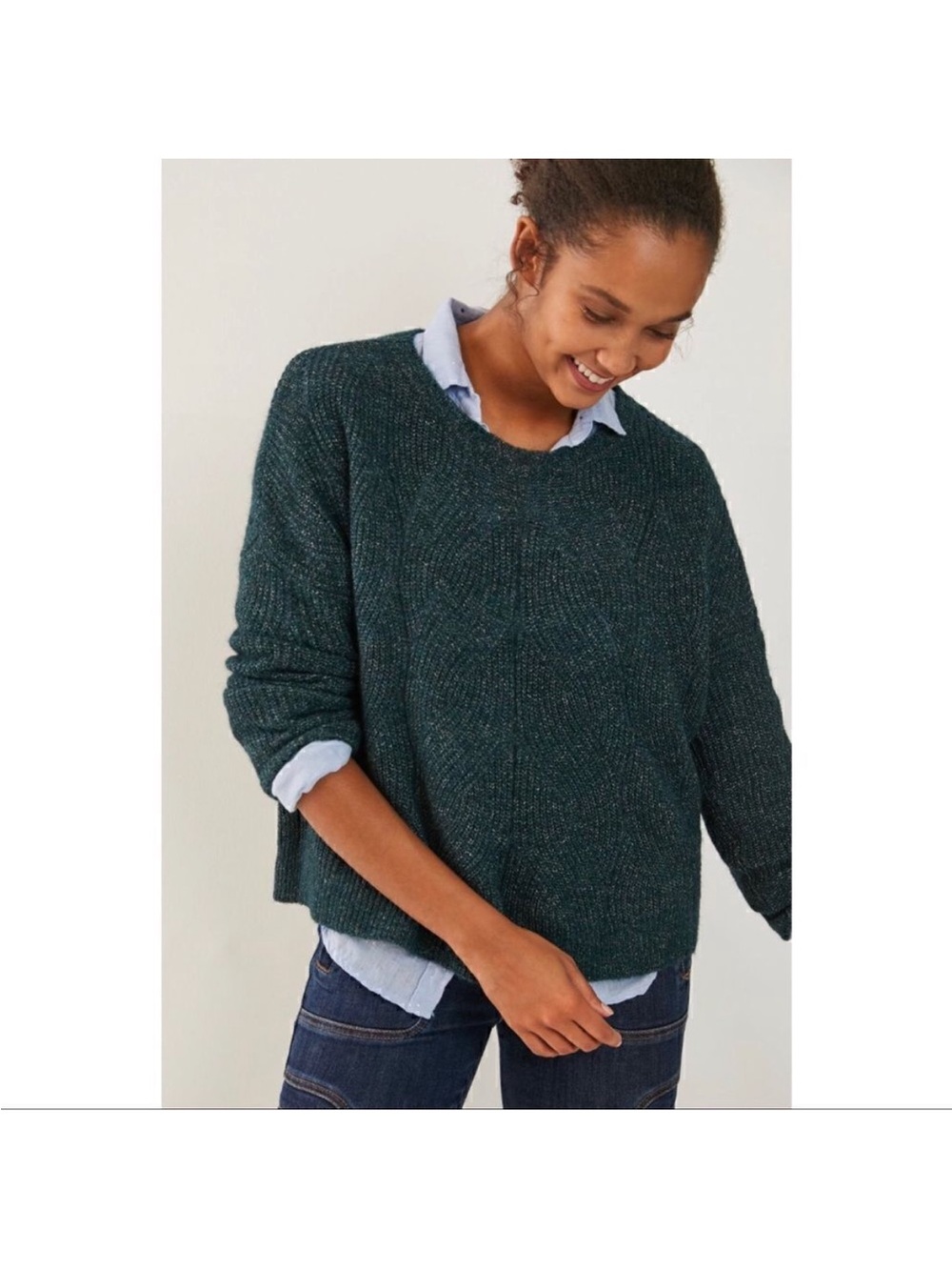 Anthropologie Size XS Dark Teal Crewneck Cropped Knit Sweater